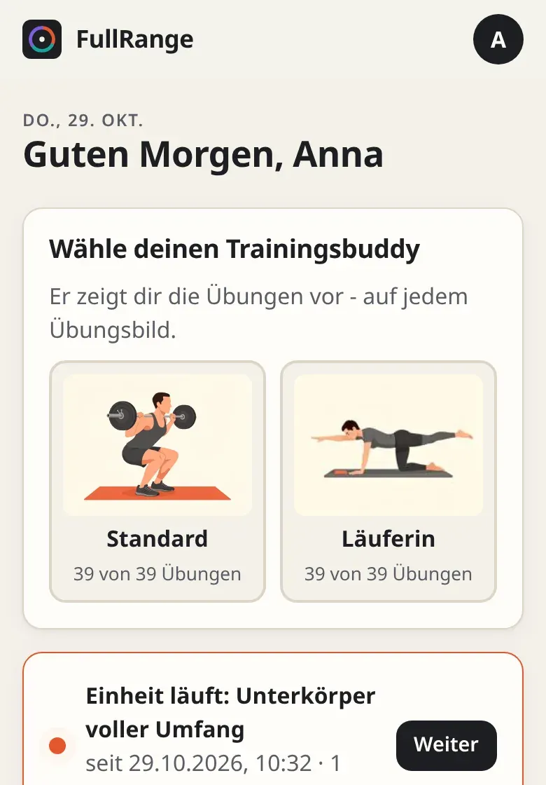 Startseite der App mit Trainingsbuddy, laufender Einheit und Plänen